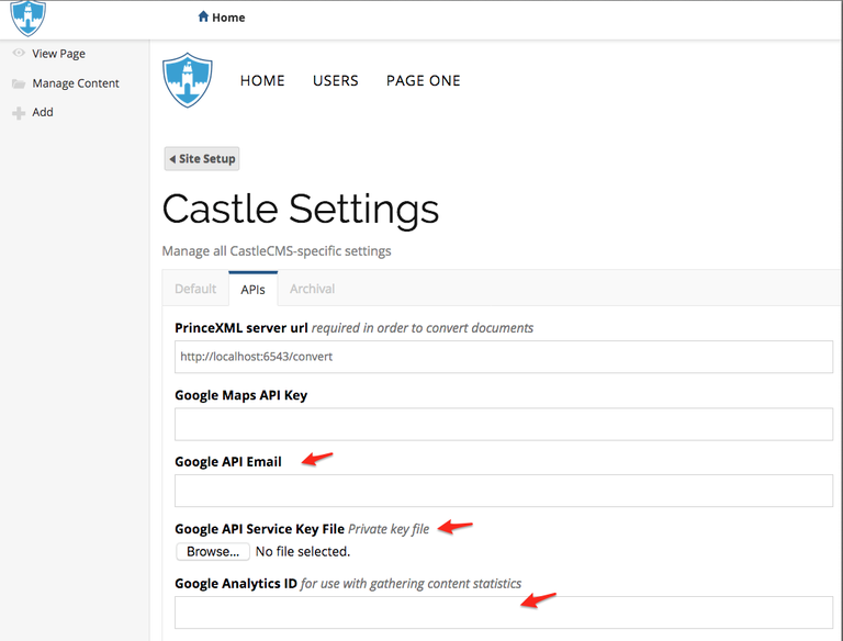 Castle API setting screen capture Castle API setting screen capture